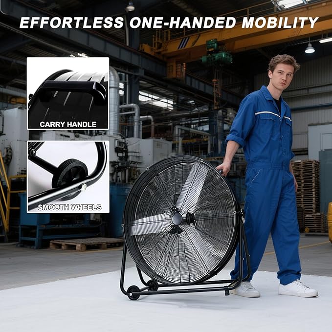 WARMLREC Industrial Fan 30 Inch Heavy Duty Drum 3 Speed 13000CFM Air Circulation High Velocity Fan For Warehouse, Workshop, Factory, Commercial, Residential and Greenhouse Black