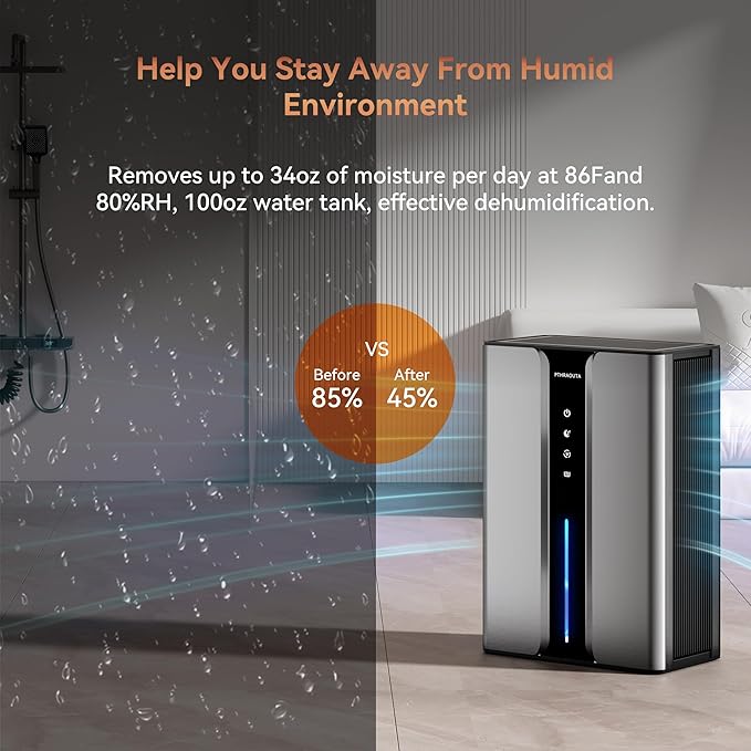 PTHRAOUTA Home Dehumidifier with Drain Hose, (950 sq.ft) 95oz Quiet dehumidifier for Bathroom Bedroom, with Air Reusable Filter Indoor deshumidificador for Basement RV Closet