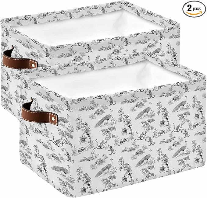 Farmhouse Monkey Storage Bins Cubes Waterproof Cloth Storage Basket, Vintage Plants Rustic Turtles Peacock Foldable Storage Bags for Shelf Closet Clothes Organizers with Handles 15x11x9.5 in 2PCS