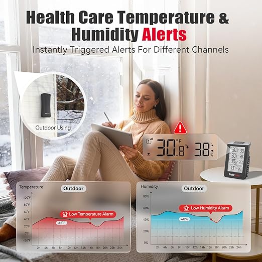 BaldrTherm Solar Photosensitive Three Channel Thermo-Hygrometer, Wireless Temperature & Humidity Monitor with 330ft Range, 4.8" Digital Display, Smart Backlight, Real-Time Alerts, Black