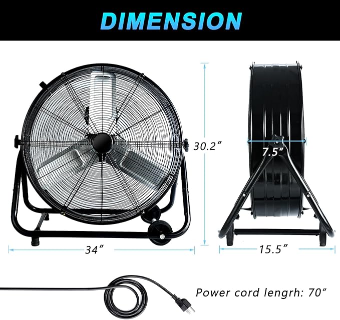 WARMLREC Industrial Fan 30 Inch Heavy Duty Drum 3 Speed 13000CFM Air Circulation High Velocity Fan For Warehouse, Workshop, Factory, Commercial, Residential and Greenhouse Black