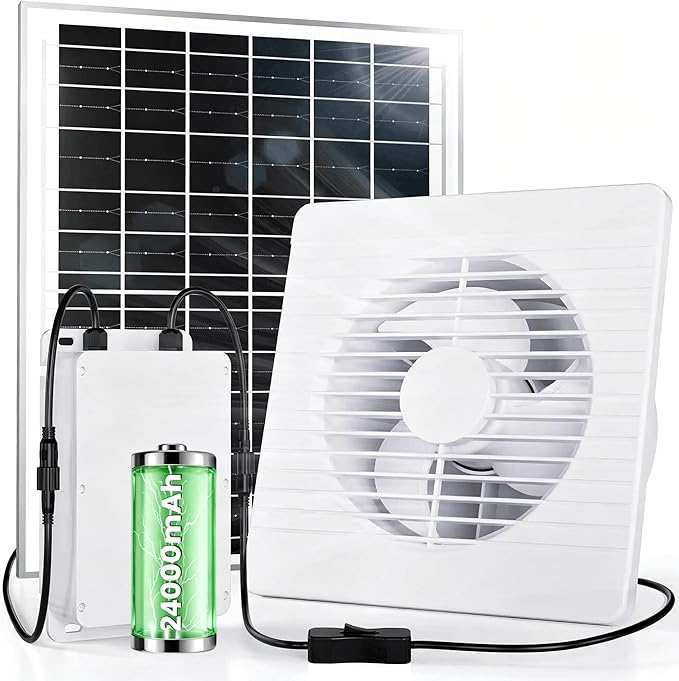 Solar Fan for Chicken Coop with Battery and Timer, 25W 24000 mAh Solar Powered Exhaust Fan for Greenhouse, Outdoor, Shed, Vent, Doghouses, Windows, RV, High Wind Speed, Rainproof