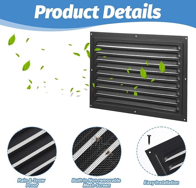 2 Pack 8" x 12" Aluminum Attic Vents with Screen Mesh – Heavy-Duty Louvered Gable Vents for Shed, Garage & Roof Ventilation (Black, Includes Screws)