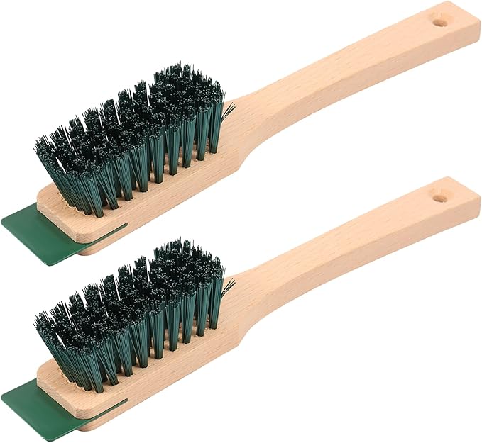 2 Pcs Lawn Mower Scrub Brush Universal Lawn Mower Stiff Bristle Brush with Scraper and Wood Handle for Deck Gutter Garden Tool Cleaning