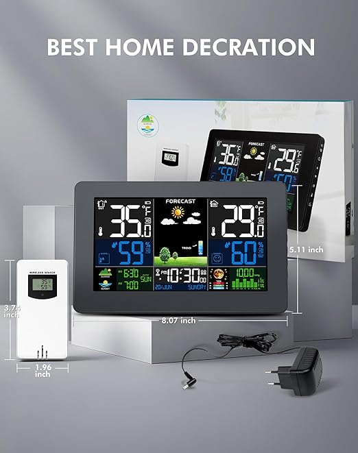 Weather Station Wireless Indoor Outdoor, Digital Thermometer with Remote Sensor, Large Display Home Weather Stations with Weather Forecast, Atomic Clock, Barometric Pressure, Moon Phase