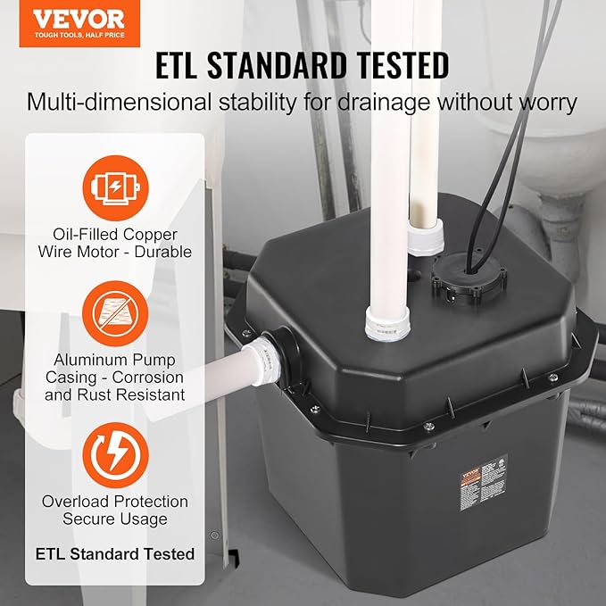 VEVOR Utility Sink Pump, 1/3 HP, 120-Volt, 2900 GPH Flow, 25 ft Head, Under-Sink Sump Pump System with 6 Gallon Basin, for Automatic Utility/Laundry, Drain Pump with 1-1/2" NPT Outlet, Black