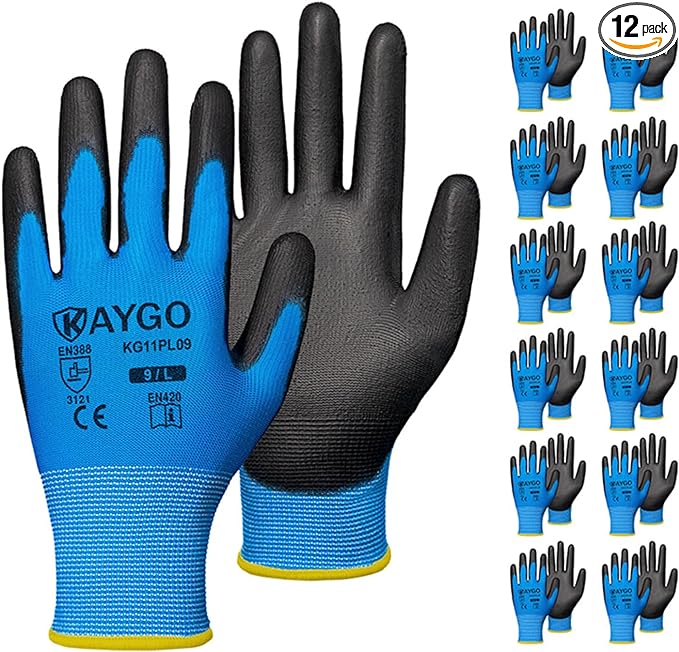 KAYGO Work Gloves for Men and Women, 12 Pairs Seamless Knit PU Coated Safety Gloves, with Smooth Grip on Palm and Fingers, Ideal for Light Warehouse, Manufacturing, Gardening, KG11P (L, Blue)