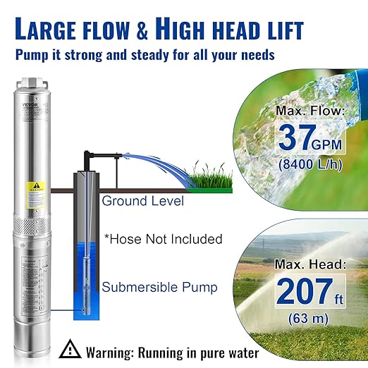 VEVOR Deep Well Submersible Pump, 1HP 230V/60Hz, 37gpm Flow 207ft Head, with 33ft Electric Cord, 4" Stainless Steel Water Pump for Industrial, Irrigation&Home Use, IP68 Waterproof Grade