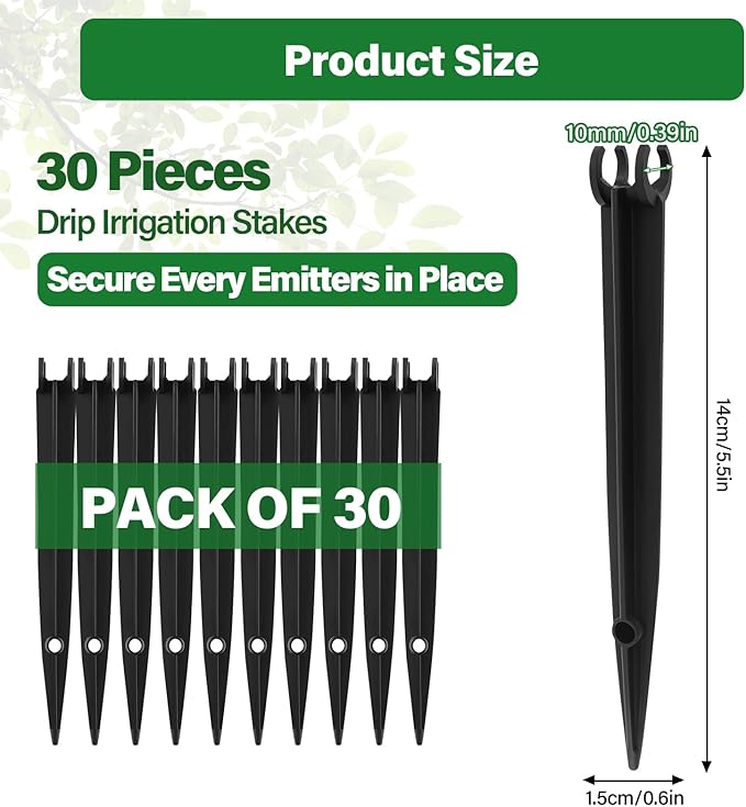 Kalolary 30PCS 1/4”Drip Irrigation Support Stakes, Drip Tubing Holder with Adjustable Height, 1/4 Inch Tubing Hose Holder for Drip Watering System Garden & Raised Beds, Prevents Clogging, Easy Install