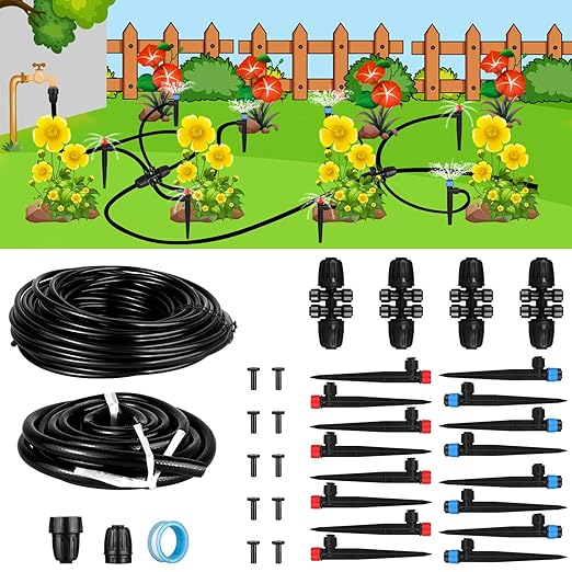Drip Irrigation System,16Ft+78Ft Connector Micro Garden Watering Plants System Automatic Equipment with 1/2'' Hose 1/4'' Distribution Tubing and Accessories for Lawn Patio Raised Bed