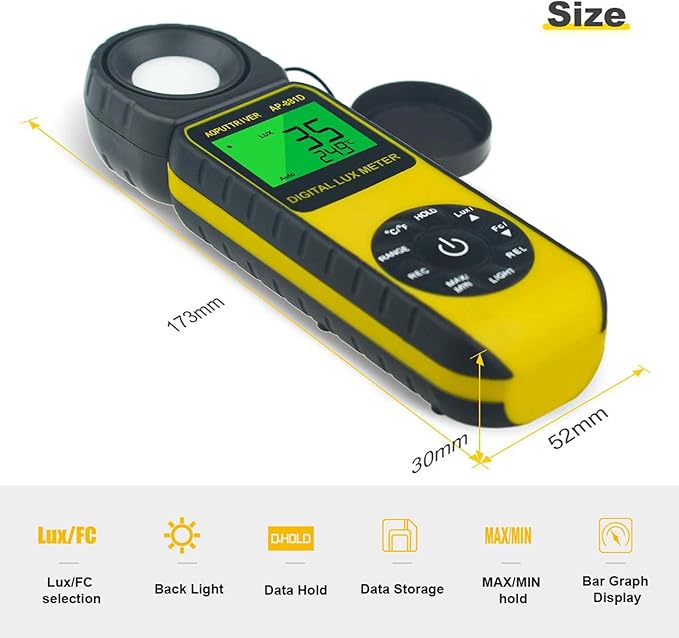 Light Meters, AP-881D Lux Meter with Ambient Temperature（℃/℉）Measurer Light 0.01~400,000 Lux (0.01~40,000 FC), Luxmeter with 270º Rotated Sensor, Back Light, Data storag for Plants LED Indoor Lights