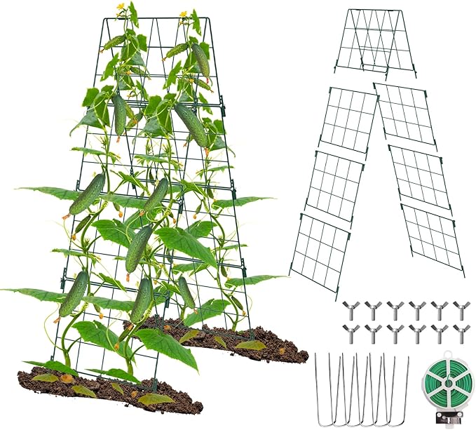 Heavy Duty 48"x16" Adjustable A-Frame Cucumber Trellis for Climbing Plants,iGreely Foldable Frame Rust-Proof Metal Trellis with Dense Grid,Perfect for Raised Beds, Garden,Tomatoes,Outdoor(Green)