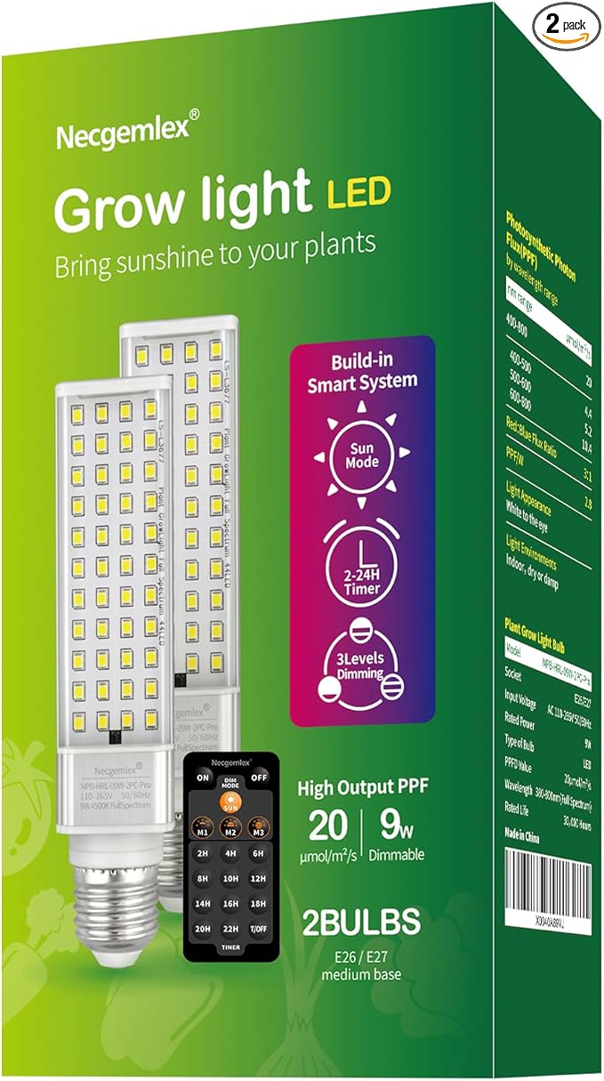 Smart LED Grow Light Bulbs for Gooseneck Clamp Light - Dimmable, Sun Mode Dimming, Auto On/Off Timer, Remote Control - Full Spectrum for Indoor Plant Growth - Mimics Real Sunshine