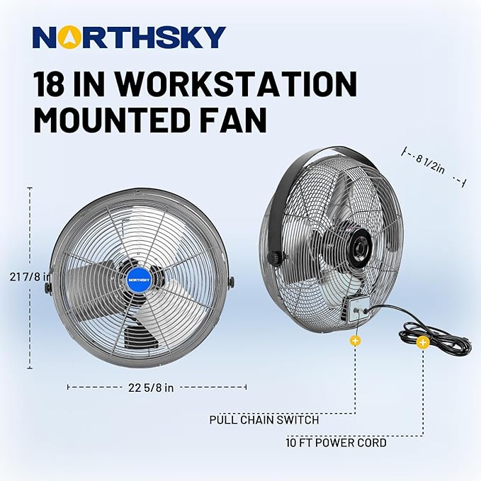 NORTHSKY 18" Industrial Wall Fan, 3 Speeds, 4900 CFM High Velocity Wall Mount Fan, 1/8 HP, 360° Head Hit, Ideal for Greenhouse, Workshop, Garage, Commercial Use, UL Listed
