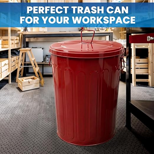 Plexon 20 Gallon Metal Trash Can with Lid Outdoor Large Trash Bin Steel Garbage Can for Garage Patio Farmhouse Bucket Bird Seed Storage Can Heavy Duty Round Container, Red 6 Pack