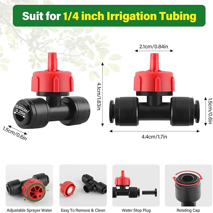 Kalolary 30Pcs Push-to-Fit Drip Irrigation Emitters 1 GPH Pressure Compensating Drippers with Constant Water Flow Drip Irrigation System Parts for 1/4 Inch Irrigation Tubing with 6PCS End Plugs (Red)