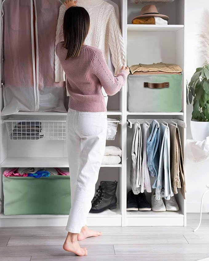 Sage Green Grey Ombre Storage Bins Cubes Waterproof Cloth Storage Basket, Farmhouse Gradient Minimalist Foldable Storage Bags for Shelf Clothes Storages Organizers with Handles 15x11x9.5 in 1PCS