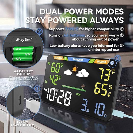 EnvyBox WiFi Weather Station 8.5" LED Display | Privacy-Focused, No App Required, Syncs Weather & Time for Home/Office | Accurate Weather Data, Dual Power Options, Black