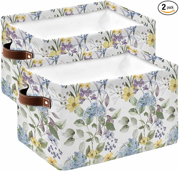 Vintage Spring Floral Storage Bins Cubes Waterproof Cloth Storage Basket, Farmhouse Flowers Watercolor Foldable Storage Bags for Shelf Closet Clothes Storages Organizers with Handles 15x11x9.5 in 2PCS