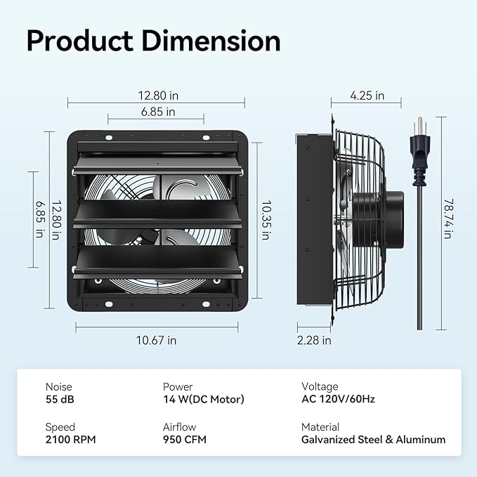 addlon 10 Inch Shutter Exhaust Fan Wall Mounted with EC Motors and Remote Control, Timer, 8 Speeds, 850CFM, Low Noise, Easy to Install, Plug in Ventilation Fan for Garages, Shops, Greenhouse, Attic