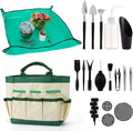 44pcs Small Gardening Tools Gifts for Women Beginners - Garden Hand Tools Set for Indoor Succulent Bonsai Plants Transplanting, Included Bag/Repotting Mat/Shovel/Labels, Green