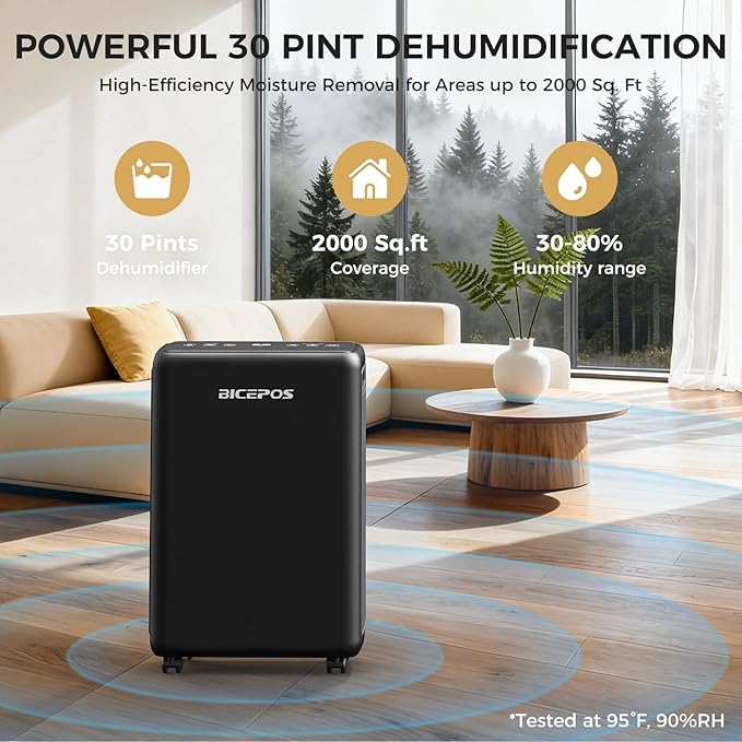 2000 Sq.Ft Dehumidifier for Basement, 30 Pints Dehumidifiers for Home with Drain Hose, 3 Mode, Auto Defrost, Intelligent Humidity Control for Bathroom, Bedroom, Large Room, Laundry, RV, Office
