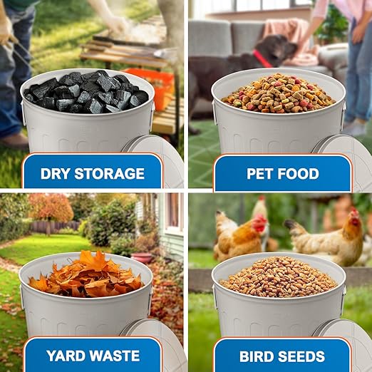 Plexon 20 Gallon Metal Trash Can with Lid Outdoor Large Trash Bin Steel Garbage Can for Garage Patio Farmhouse Bucket Bird Seed Storage Can Heavy Duty Round Container, Beige 6 Pack
