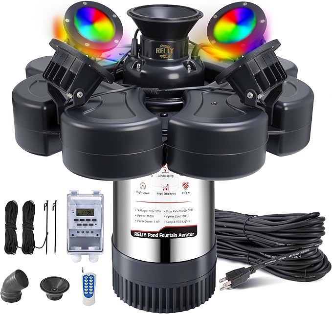 RELIY Pond Fountain Aerator, With 4 RGB Lights 1HP 110V 15000 GPH Stainless Steel Fountain Pump, Fully Automatic Powerful Lake Floating Fountain, 100 FT Power Cord, Programmable Timer Switch