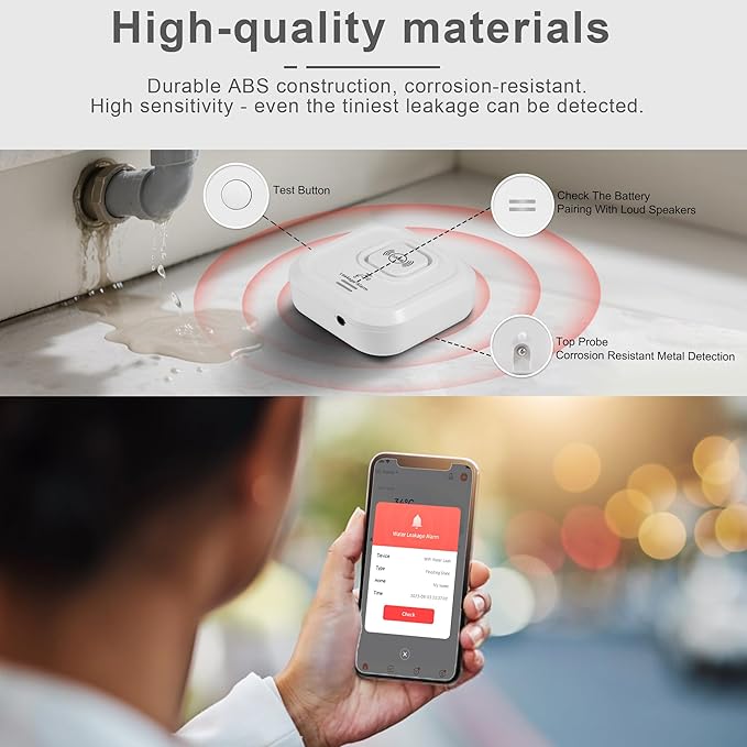 WiFi Water Leak Detectors 100dB Smart Water Sensor Alarm with 3.22 ft Sensor Cable Triple Detection Mode, with App Remote Monitor, Wireless Tank Level Monitor for Basement, Kitchen, Bathroom(1pack)