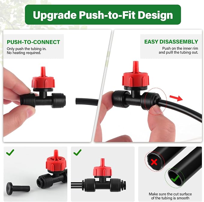 Kalolary 30Pcs Push-to-Fit Drip Irrigation Emitters 1 GPH Pressure Compensating Drippers with Constant Water Flow Drip Irrigation System Parts for 1/4 Inch Irrigation Tubing with 6PCS End Plugs (Red)