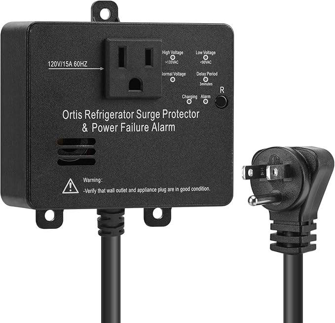 Ortis Refrigerator Surge Protector & Power Failure Alarm, Protects Against Voltage Abnormalities, with LED Indicator Light & 110dB Alarm, Ideal for Refrigerators, Freezers, and Sewage, Black