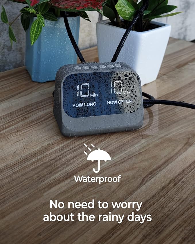 Automatic Watering for Potted Plants, Using a smart programmable Timer, Features a Waterproof LED Display, a high-Capacity Battery, and Precise Water Distribution. (Gray)
