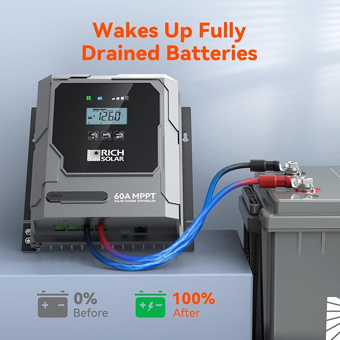 RICH SOLAR Bravo 60 | 60A MPPT Solar Charge Controller with Bluetooth – 12V/24V Auto-Detect, Lithium & Lead-Acid Battery Support for RVs, Campers & Off-Grid Systems