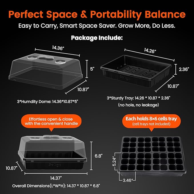 SOLIGT [Thick Plastic] 3-Set Strong Seed Starter Trays with 5" Humidity Domes for Seed Starting, Germination, Seedling Propagation & Plant Growing, Holds 144 Cells in Total