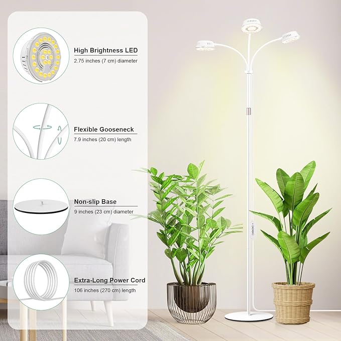 LORDEM Full Spectrum Plant Light for Indoor Growing,Tri-Head Grow Light with Stand for Large Plants,Auto ON/Off Timer 6/8/12/16H, 5 Dimmable Levels, 20-70 inches Adjustable Height