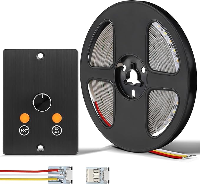 3CCT Flexible 16.4ft LED Strip Light with 12V CCT Switchable Dimmer Kit for Camper Vans, Trucks & Trailers Indoor. CCT Changeable(3000K/4500K/6000K) & Brightness Control DC12V, 10A