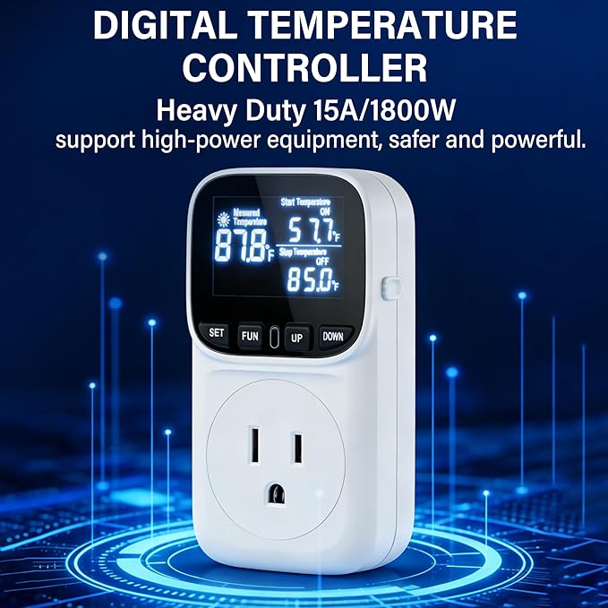 Digital Temperature Controller,Heavy-Duty 15 Amp/1800 Watt Thermostat Socket Plug,VA Display for Heating and Cooling Control Timer,Suitable for Greenhouse Incubators,Homemade Equipment,etc.