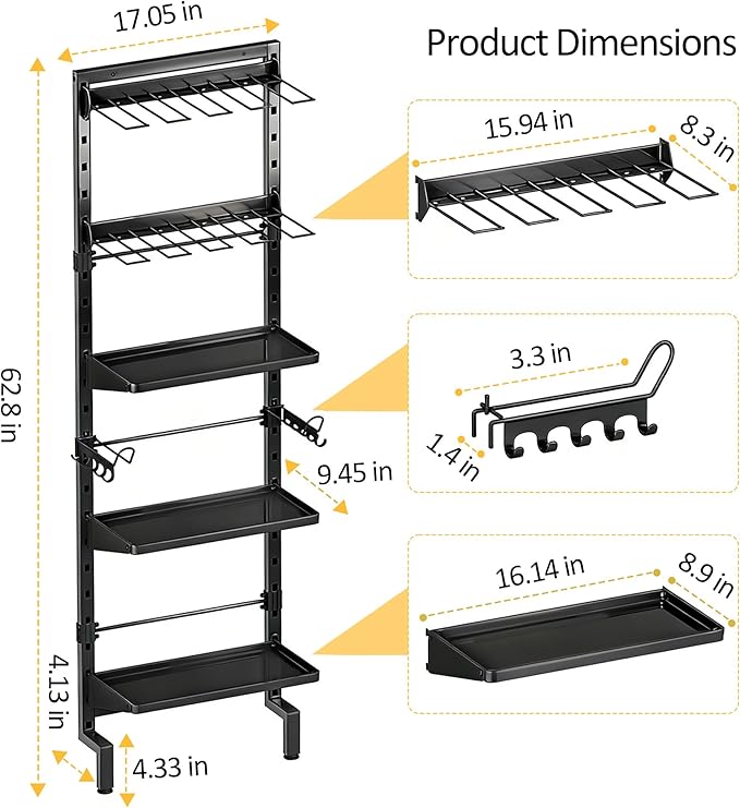 BUKFEN Garage Tool Storage Rack, Wall Mount 5-Tier Heavy Duty Metal Organizer with 8 Drill Holder Slots, Adjustable Shelves, Side Hooks Workshop Utility 1 Pack Black Vertical Space-Saving Organization