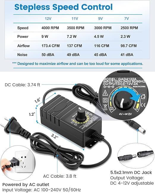 G‌DSTIME 120mm x 38mm Computer Fan with Variable Speed Controller, Powerful Airflow High Static Pressure 110V 220V AC Powered for Biltong Box, Server Rack, Solder Fume Extractor Cooling Ventilation