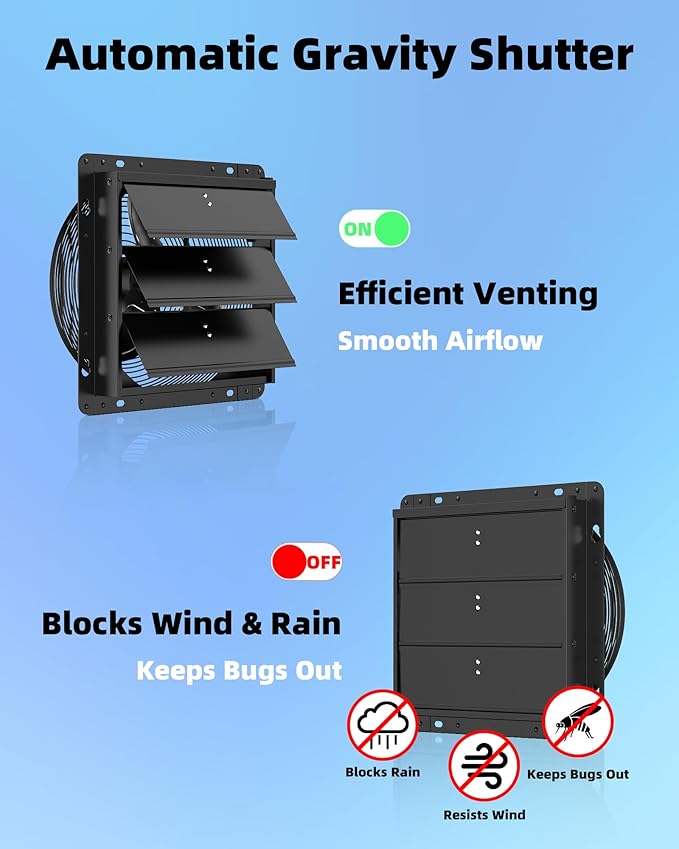 8 Inch Upgraded Shutter Exhaust Fan with Thermostat & Remote Control, Automatic On/Off by Temperature, 760 CFM Wall Mounted Garage Fan for Attic, Greenhouses, Sheds, Chicken Coops & Shops