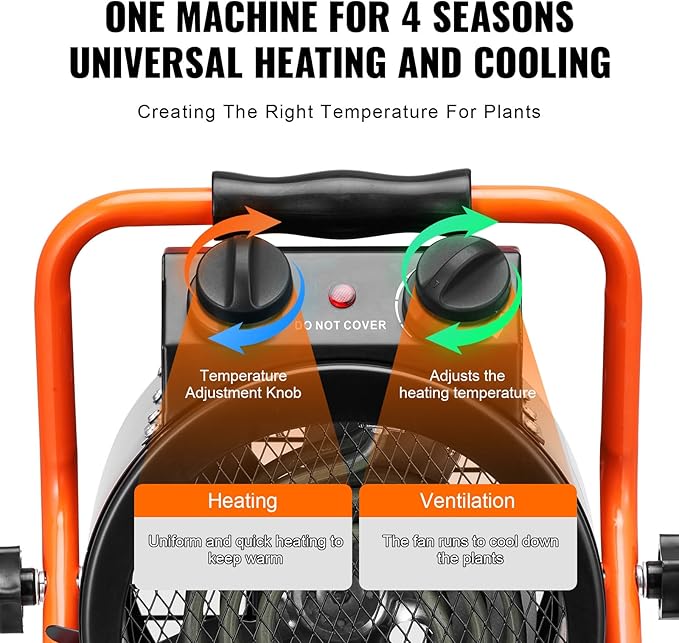 VEVOR Greenhouse Warmer, 1500W Quick Heat Function with Safety Overheat Cut-off, Dual Speed Options Compact Heater for Seedling Tents, Electric Mobile Heating Unit for Gardening Spaces, Work Areas,