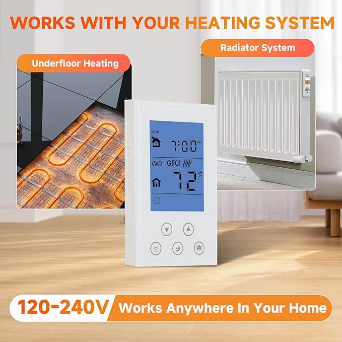 7-Day Programmable Thermostat for House Radiant Underfloor Heating,Home Floor Heating Controller,Adaptive AC Voltage(120/240V),Dual Sensing(Air&Floor Sensor) Built-in Class A GFCI,LED Backlit Display