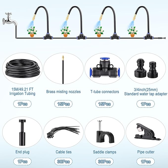 Mornajina Automatic Drip Irrigation Kits Garden Irrigation System, Includes 50FT 5/16 inch Irrigation Tubing Hose & 15Pcs 360° Bending Dropper Atomizing Mist Nozzles Tee for Garden Watering System