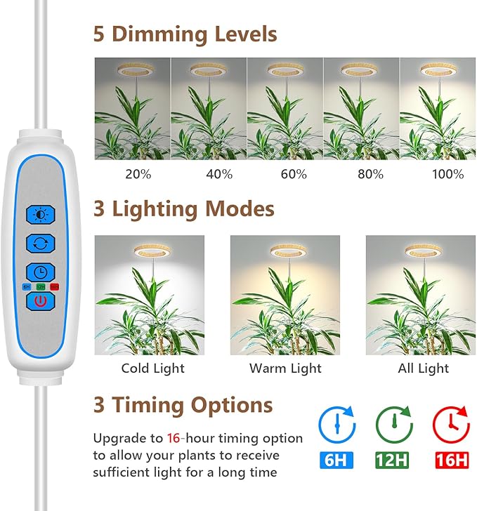 Aokrean 6.3in Plant Lights for Indoor Growing, Full Spectrum Faux Wood Grain Grow Light, 80 LED Growing Lamp with Height Adjustable 10"-65", 6/12/16H Timer, 3 Optional Spectrums, 5 Brightness, 3 Pack