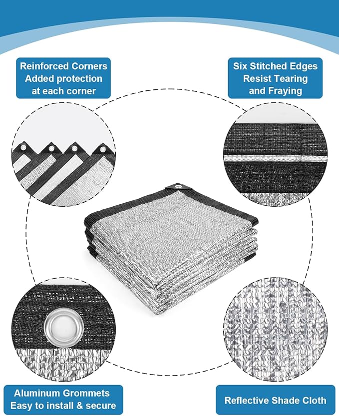 Cool Area 99% Aluminum Sun Shade Cloth 6x12FT Reflective Silver Tarp Fabric with Grommets for Greenhouse, Car, Garden, Patio, Kennel