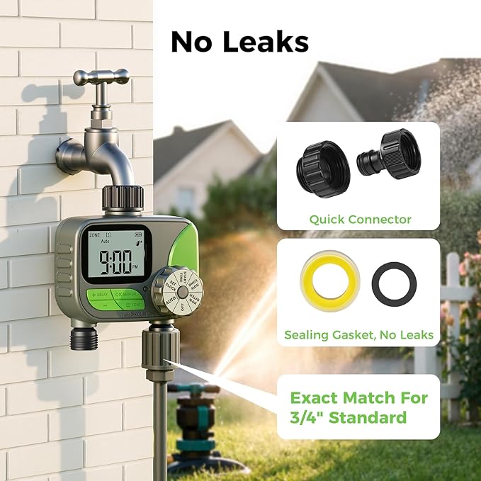 Sprinkler Timer, Watering Timer for Garden Hose, 2 Outlets Programmable Hose Timers with Rain Delay, Outdoor Soaker Auto & Manual Drip Irrigation Controller System for Lawn Yard Greenhouse