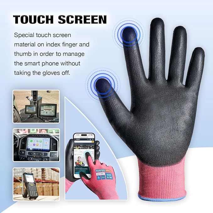 KAYGO Work Gloves PU Coated for Men and Women, 12 Pairs Safety Work Gloves with Two Fingers Touchscreen, Breathable and Lightweight,Ideal for Light Warehouse, Manufacturing, Gardening, KG11P (S,Pink)