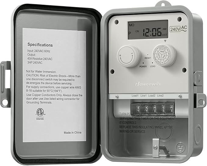 DEWENWILS Outdoor Digital Pool Pump Timer, 3HP 40A 240VAC, 7-Day 12 ON/Off Programmable Timer Switch for Pool Pump, Water Heater, Pool Filter, Landscape Lights, ETL Listed