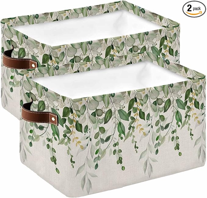 Sage Green Eucalyptus Storage Bins Cubes Waterproof Cloth Storage Basket,Farmhouse Weeping Leaves Linen Foldable Storage Bags for Shelf Clothes Storages Organizers with Handles 15x11x9.5 in 2PCS