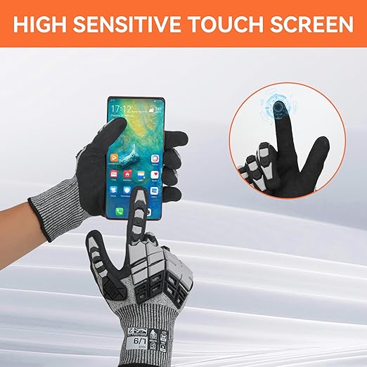 Safety Work Gloves, Impact Gloves for Men Women, Cut Resistant Non-Slip Heavy Duty Gloves with Nitrile Grip, Touch Screen Glove with Impact Protection for Mechanic Construction, Large, Grey